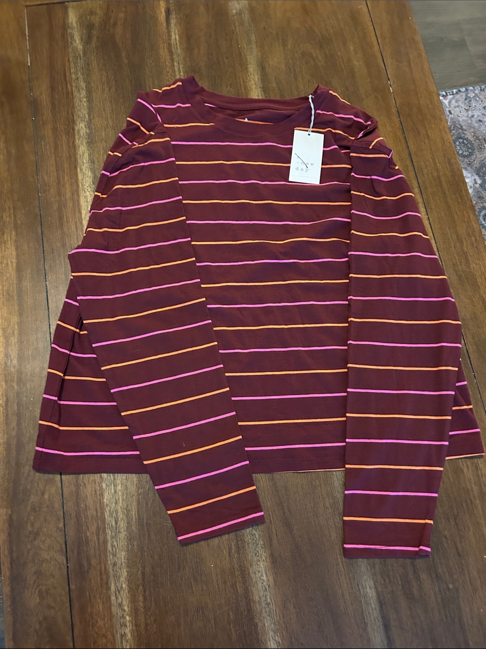 a new day Burgundy Long-Sleeve Tee with Pink & Orange Stripes